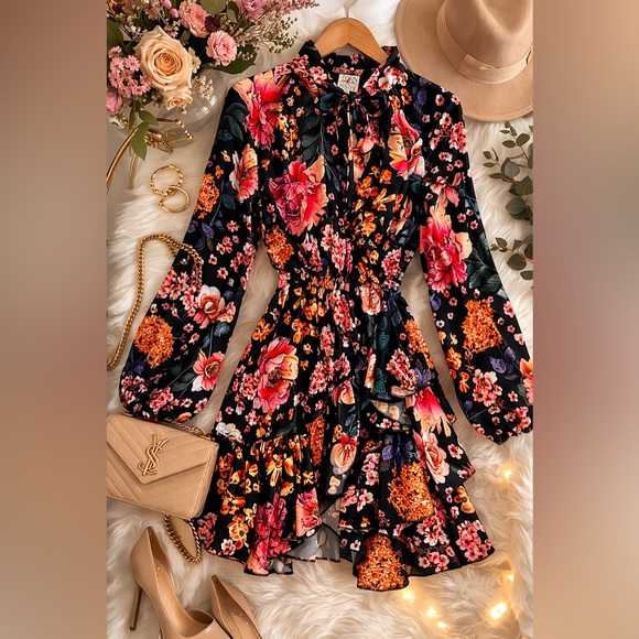 Torn Boston Proper Floral Wrap Mini Dress in Black with Pink & Orange Blooms XS - Picture 3 of 14